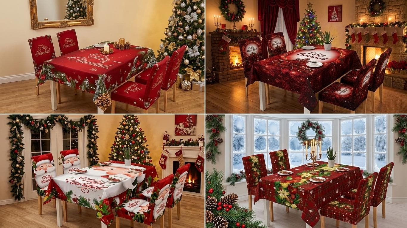 SET DE MANTEL + 4 FUNDAS NAVIDEÑAS