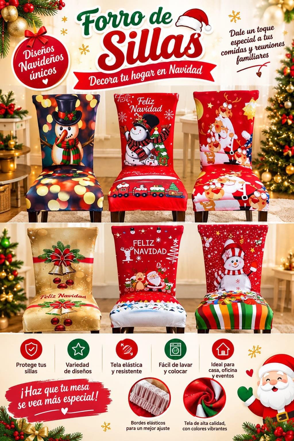 JUEGO DE 6 FUNDAS NAVIDEÑAS PARA SILLAS